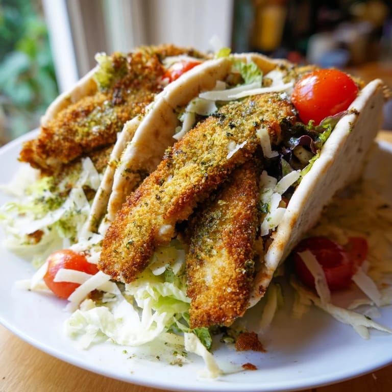 Juicy, crispy chicken strips nestled in soft pita bread with Caesar salad and Parmesan, perfect for a weeknight dinner.  