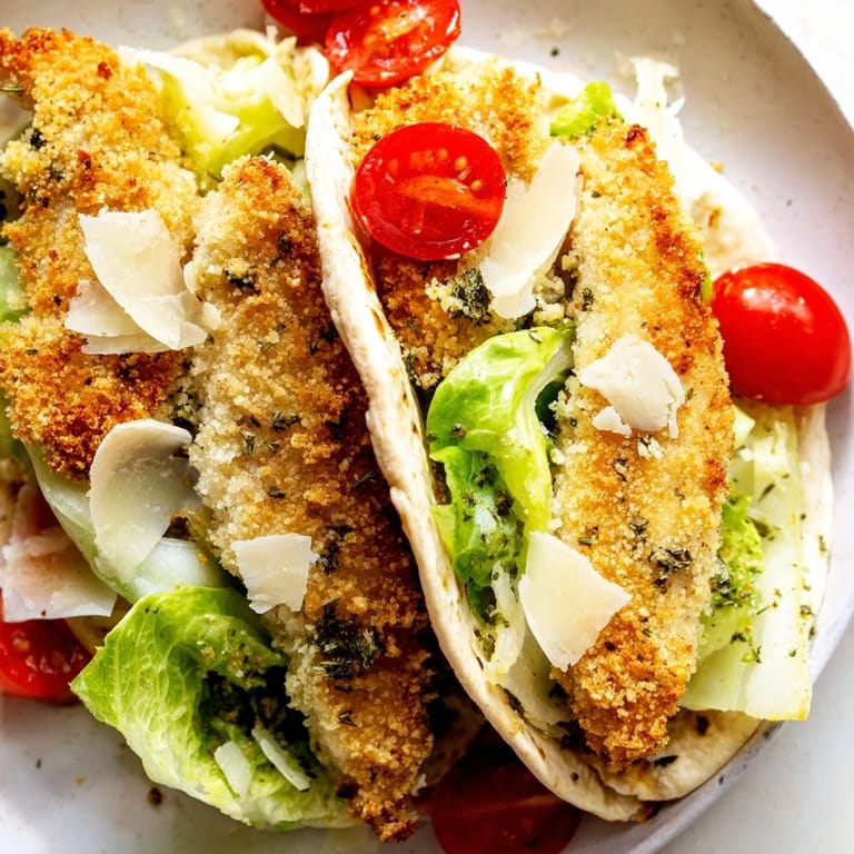 Warm pita pockets stuffed with crunchy herbed chicken and creamy Caesar salad, served with lemon wedges for brightness.