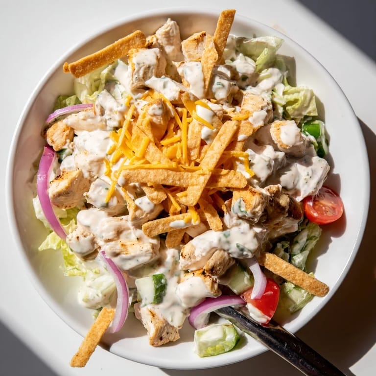 Chopped chicken salad tossed in a zesty jalapeño ranch dressing, garnished with fresh cilantro and crispy tortilla strips for a southwestern twist.