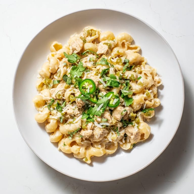 Green Chili Chicken Mac in a creamy skillet, garnished with cilantro and sliced jalapeños for extra zest.