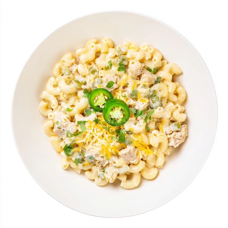 Comforting Green Chili Chicken Mac served hot, blending melty Monterey Jack, sharp cheddar, and mild green chiles.
