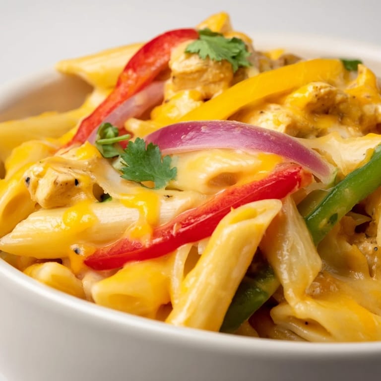 Fajita Chicken Pasta Skillet garnished with cilantro and jalapeños, perfect for a Tex-Mex weeknight dinner.