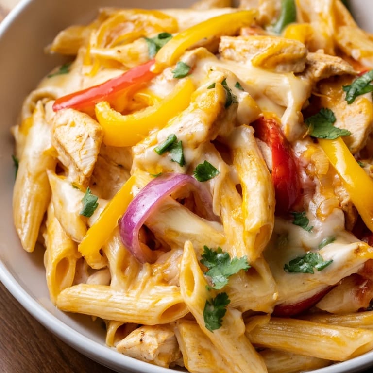 One-pan Fajita Chicken Pasta Skillet with tender spiced chicken and onions in a rich, cheesy sauce.