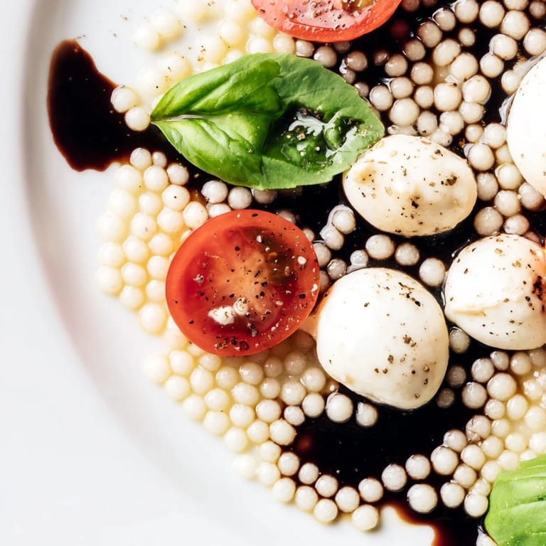 Colorful Mediterranean Caprese Couscous Salad with glossy balsamic glaze, fresh herbs, and ripe cherry tomatoes, perfect for a light summer lunch.