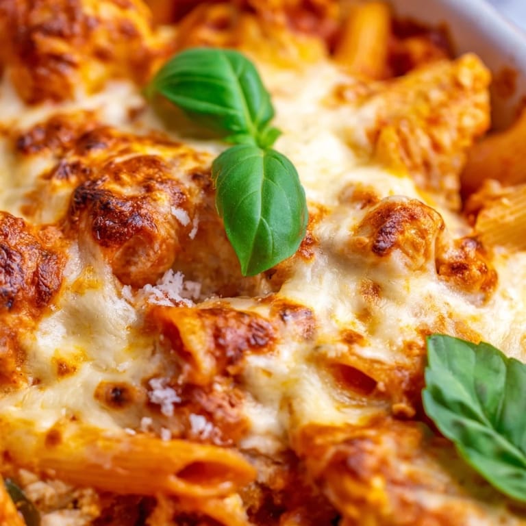 Fresh basil garnish highlights the cheesy Pesto Chicken Pasta Bake in a white casserole dish.