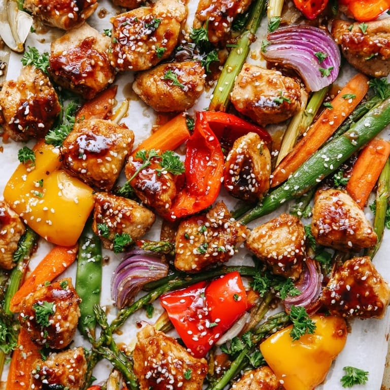 Golden-brown chicken and crisp-tender spring vegetables glisten in a sticky honey garlic sauce, served hot from the sheet pan.