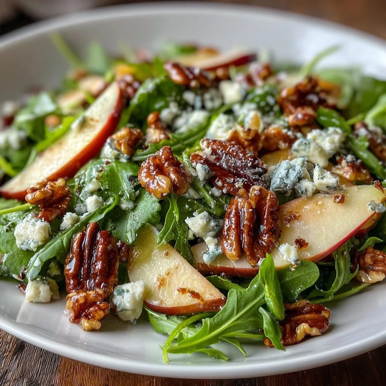 Apple and walnut salad tossed with tender greens, crumbled blue cheese, and a light apple cider vinaigrette for a refreshing bite.