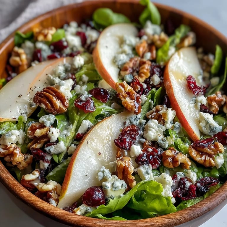 A vibrant close-up of a Pear Gorgonzola Salad, showcasing juicy pears, blue cheese, and walnuts on fresh greens.