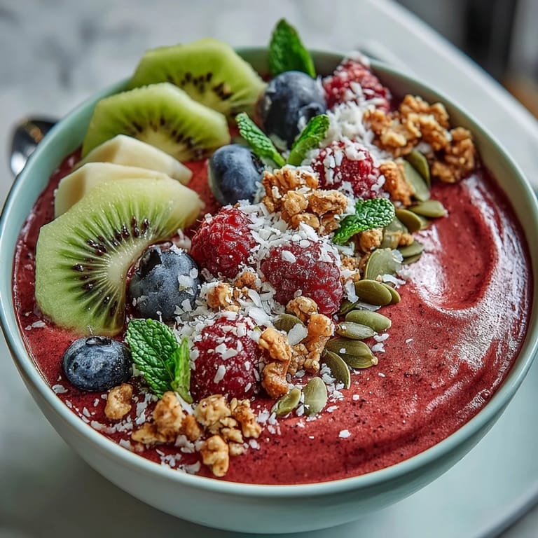Creamy beet and berry smoothie bowl served with granola, sliced kiwi, and coconut, perfect for a healthy, energizing morning meal.