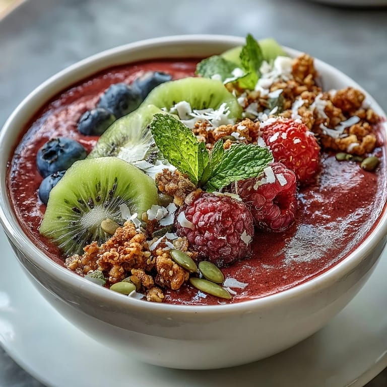 Thick, pink smoothie base made with beets and berries, garnished with granola, fresh berries, and pumpkin seeds in a white bowl.