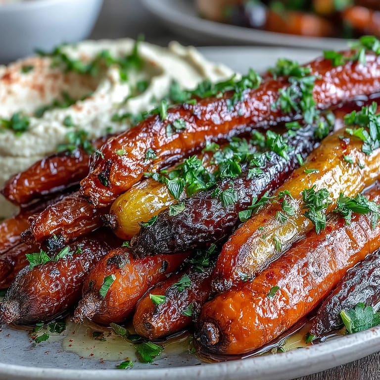 Colorful roasted rainbow carrots paired with smooth homemade hummus, perfect for dipping as a healthy snack.  
