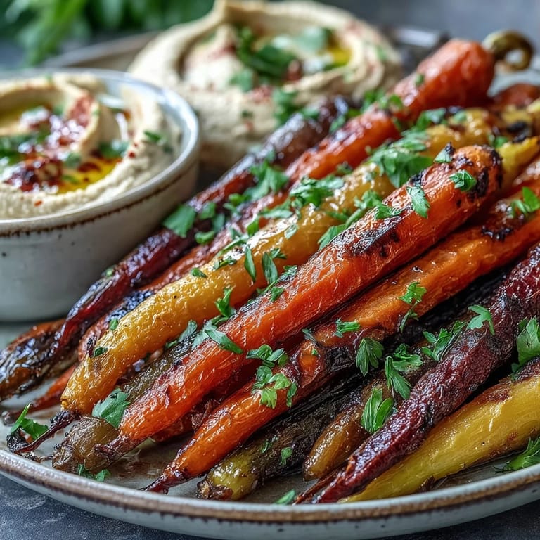 Vibrant rainbow carrots roasted until caramelized, served alongside a bowl of creamy, tahini-rich hummus.
