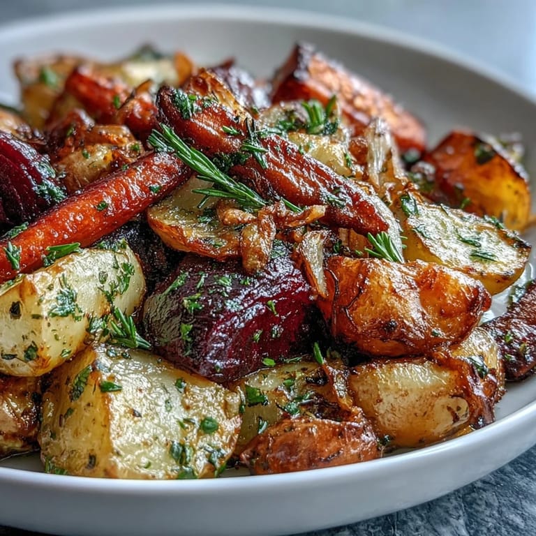 Colorful Roasted Root Vegetable Medley on a platter, served warm as a healthy vegan side dish for dinner.