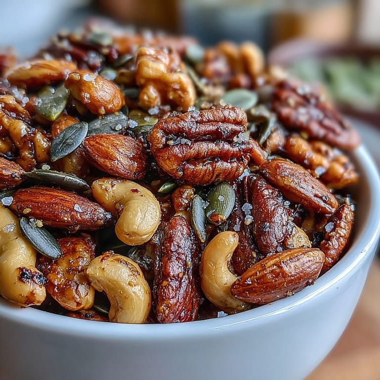 A vibrant bowl of spiced nuts and seeds mix with turmeric, cinnamon, and smoky paprika.  