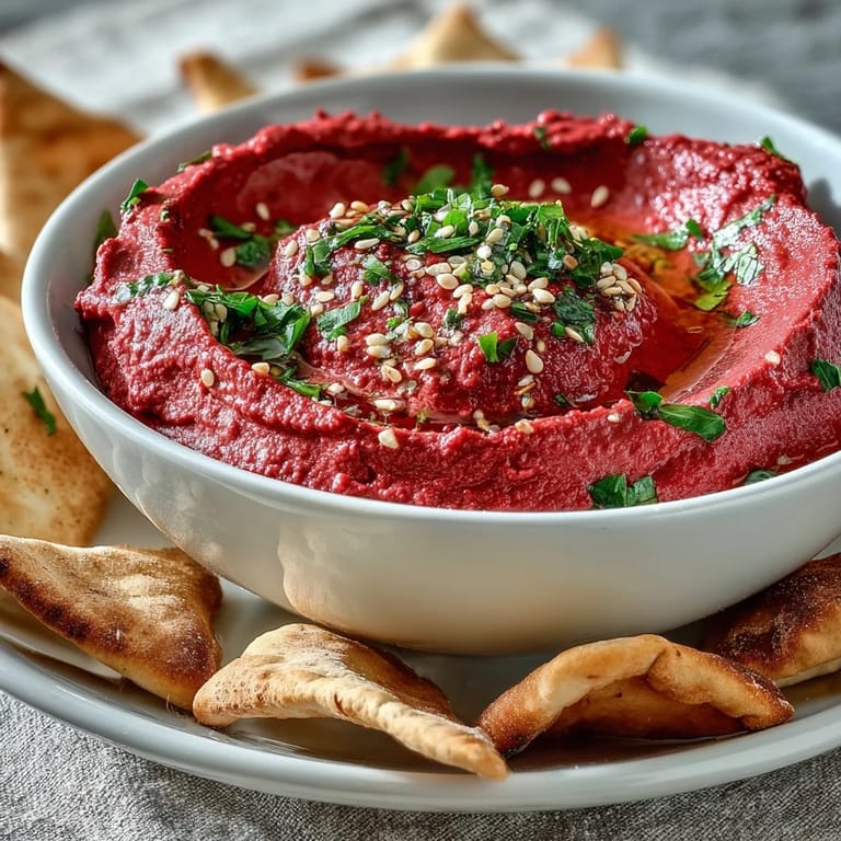 Roasted beet hummus has a vibrant pink hue, garnished with fresh parsley and resting on a wooden table with fresh vegetables.
