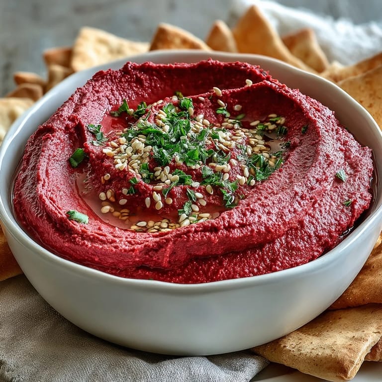 A bowl of roasted beet hummus with a drizzle of olive oil, perfect for spreading on toast or enjoying with chips.