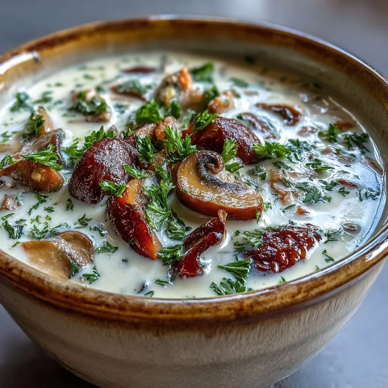 Mushroom stroganoff soup simmering in a pot, ready to be served with a dollop of sour cream.