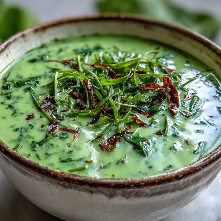 Close-up on a ladle pouring creamy Spinach Coriander Lemongrass Soup into a bowl, highlighting the smooth, herb-filled texture.