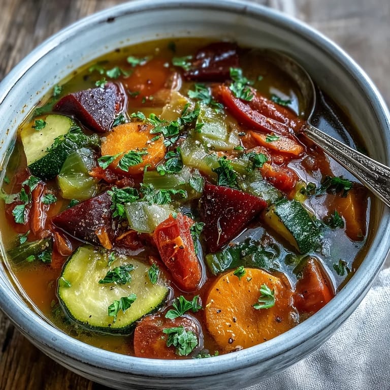Ladle serving a warm, colorful Rainbow Vegetable Detox Soup alongside crusty bread.