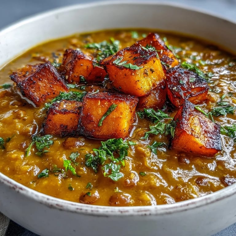 Golden roasted butternut squash cubes simmering with red lentils, carrots, and onions in a warm spiced broth.