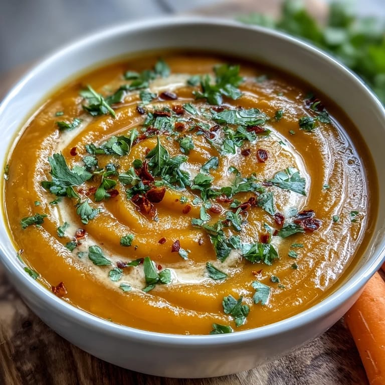 Close-up of a creamy bowl of Carrot, Celeriac and Chilli Soup topped with fresh herbs and spices.