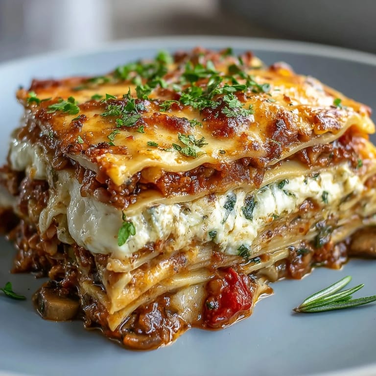 Layers of no-boil lasagne sheets, ricotta, and mozzarella hold a smoky lentil bolognese.