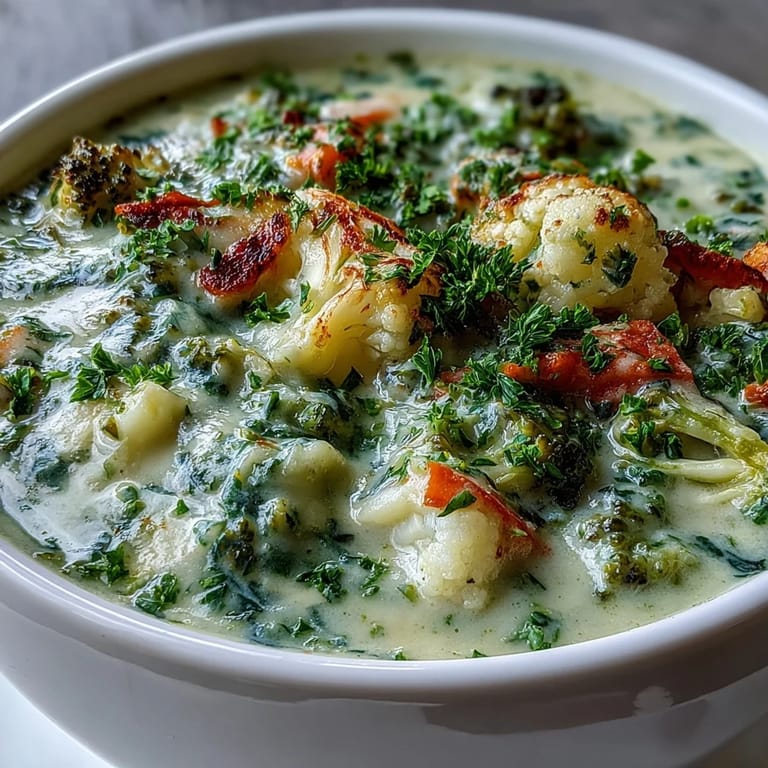 A close-up of Creamy Vegetable Soup ladle over broccoli and cauliflower florets, with crusty bread on the side for dipping.