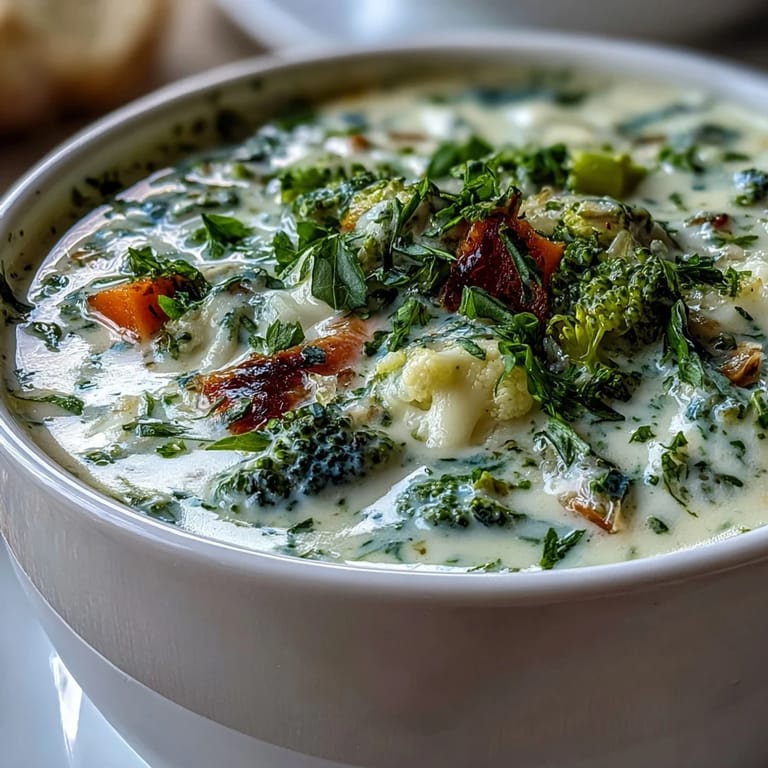 Velvety Creamy Vegetable Soup in a white ceramic bowl, topped with chopped parsley, served on a wooden table.