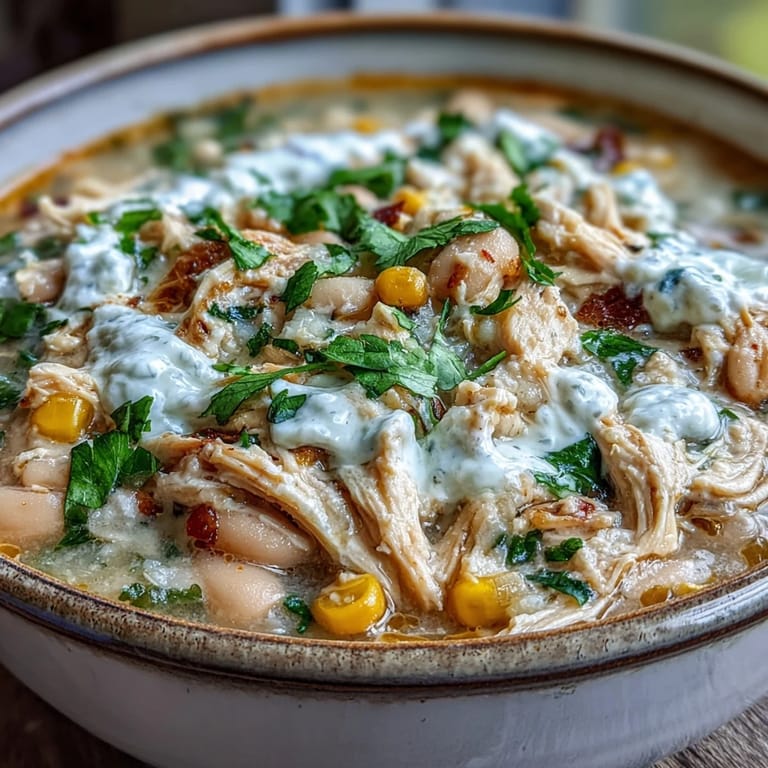 Spoon lifting a rich serving of White Chicken Chili with creamy broth, jalapeños, and lime wedges from a Dutch oven.