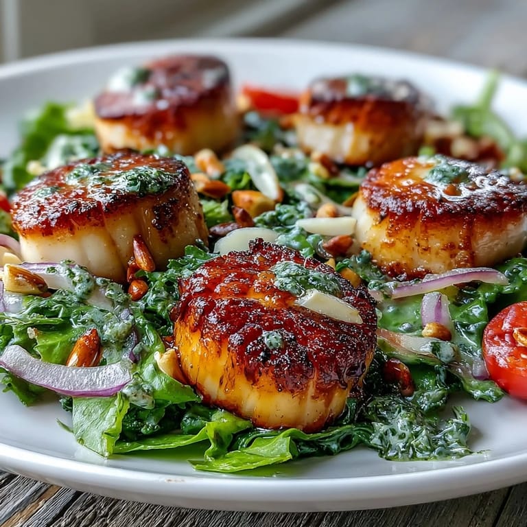 Plump, tender scallops sit atop a fresh green salad with cherry tomatoes and toasted pine nuts, ready to serve.