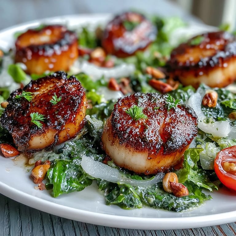 Sizzling scallops paired with vibrant escarole salad and a swirl of pesto dressing create an elegant, pescatarian main dish.