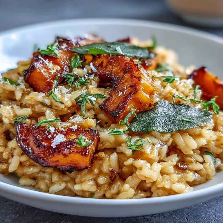Close-up of Vegan Pumpkin Risotto with nutritional yeast and lemon zest, perfect for cozy autumn dinners.