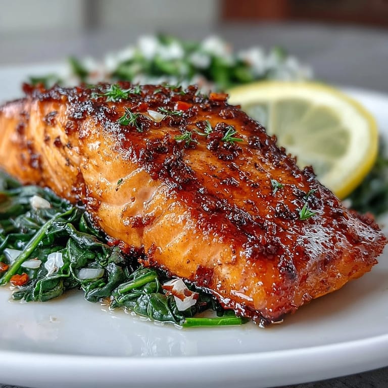 Perfectly cooked air fryer salmon fillets served over tender Swiss chard with a side of fresh lemon wedges.