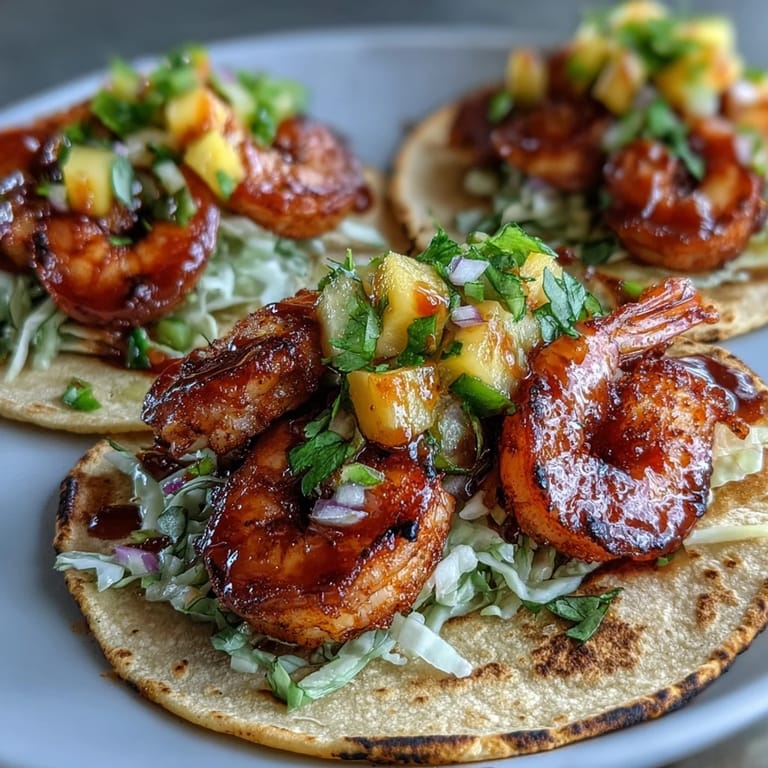 Close-up of Sriracha Shrimp Tacos with mango salsa, lime wedges, and a colorful, zesty presentation.