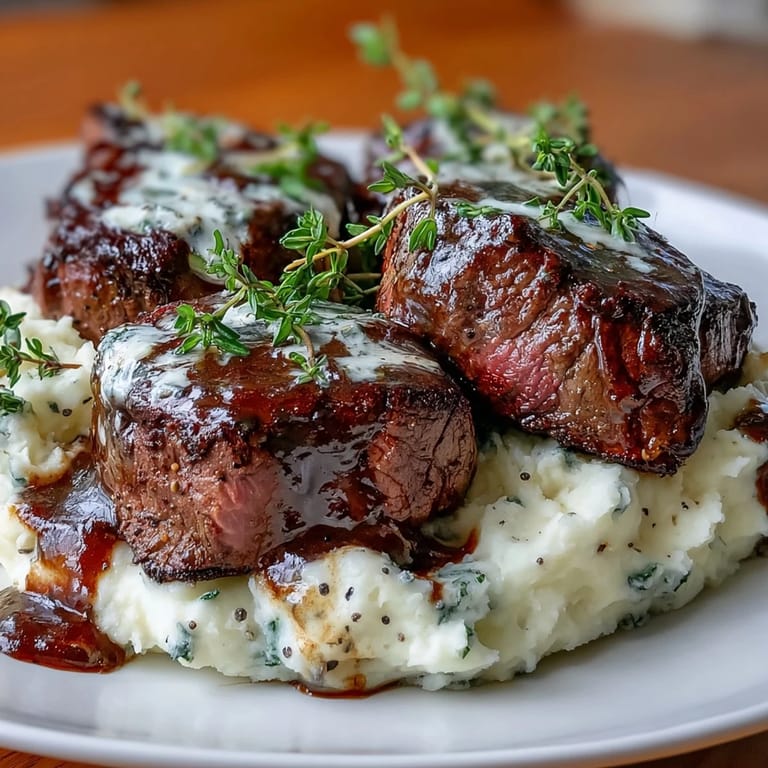 Thick Venison Steaks with Caraway Crushed Swede plated beside sautéed winter greens, with a rich red wine drizzle.