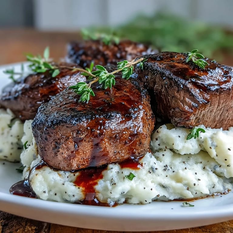 Tender Venison Steaks with Caraway Crushed Swede resting on a rustic board next to warm, caraway-scented mash.