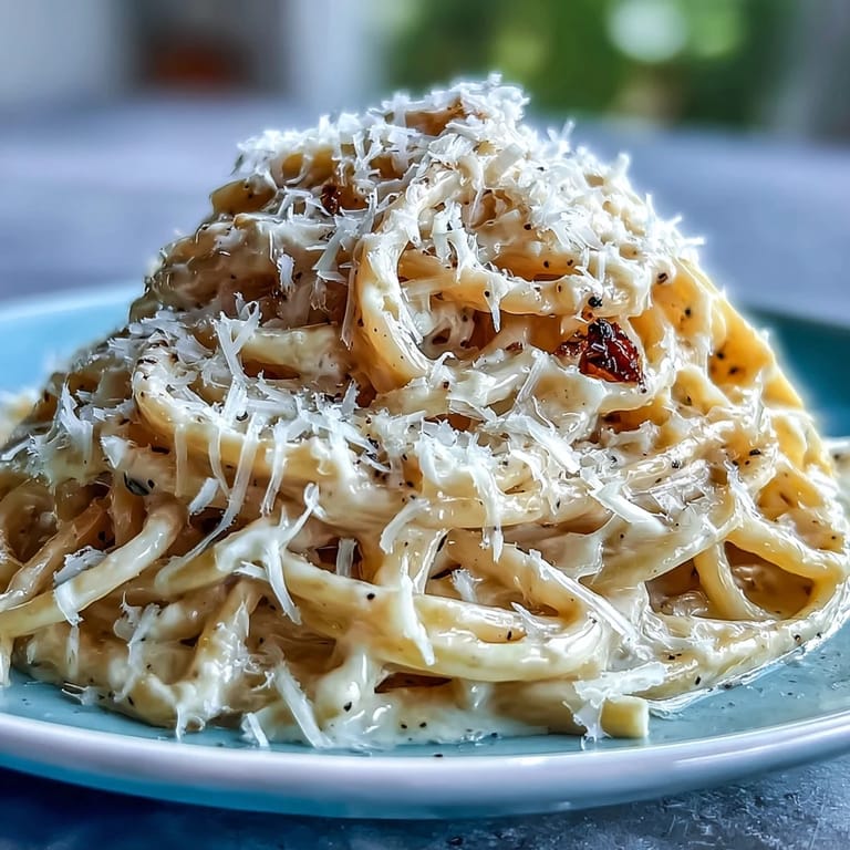Ready-to-serve Cacio e Pepe plated with extra grated Pecorino Romano and a final sprinkle of black pepper.