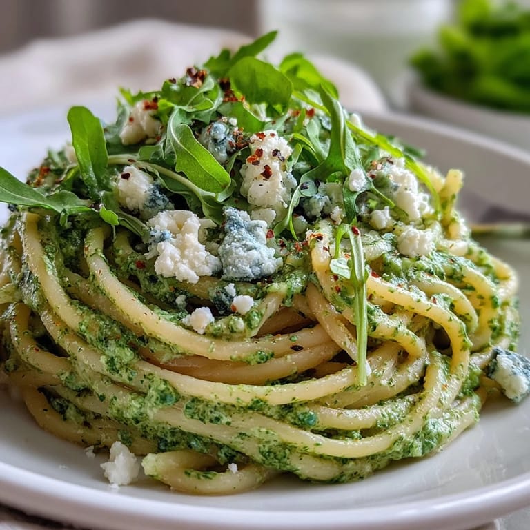 A close-up of Linguine with Arugula Pesto garnished with extra leaves and black pepper, served in a white bowl.