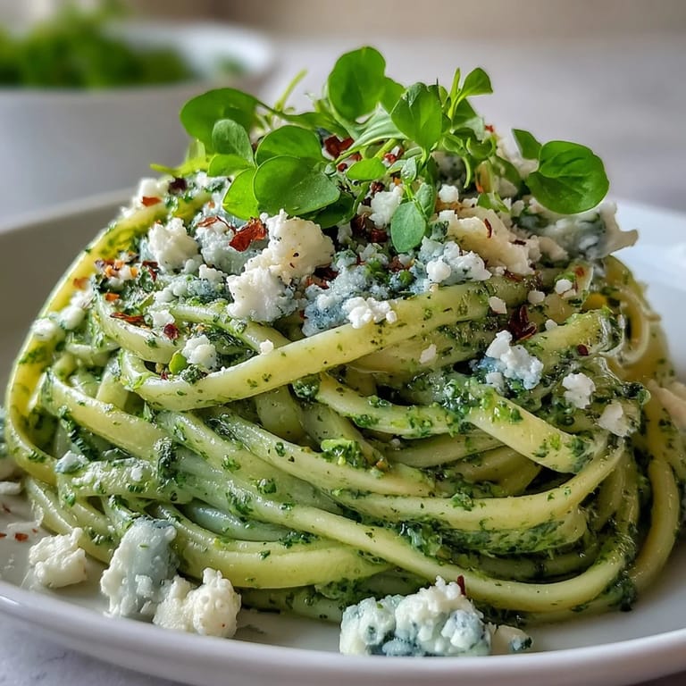 Spoonful of bright arugula pesto blending creamy cottage cheese and Parmesan before mixing into warm Linguine with Arugula Pesto.