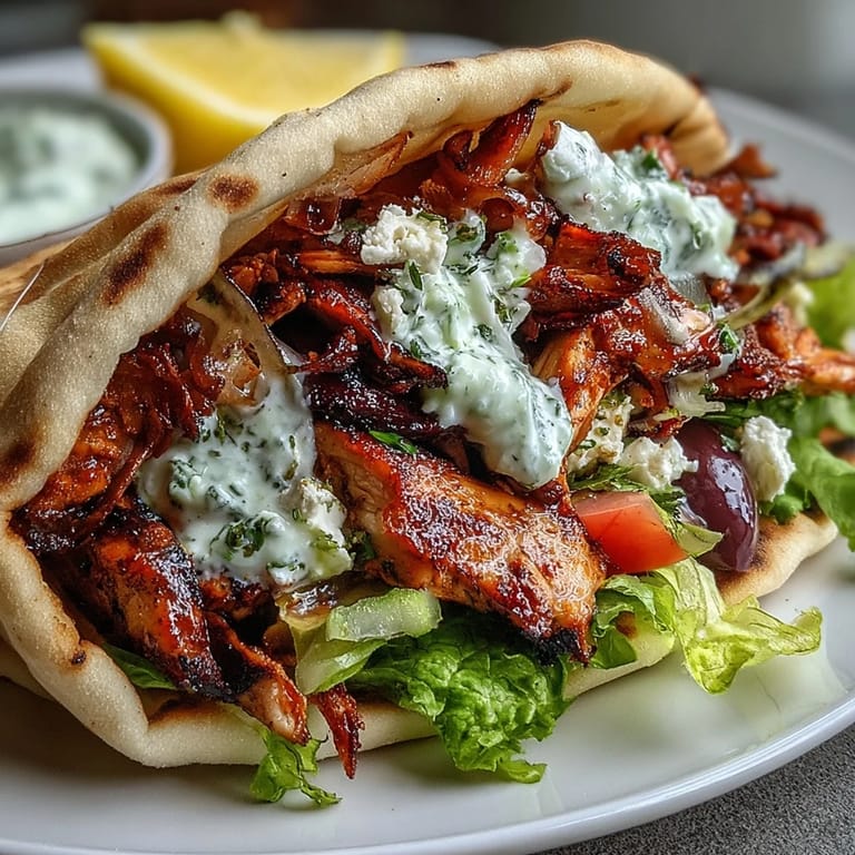 Sizzling marinated chicken thighs piled high on flatbread with cool cucumber sauce, lettuce, tomatoes, and Kalamata olives.