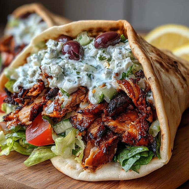 Golden pita stuffed with juicy Mediterranean Chicken Gyros, fresh herbs, and tangy feta tzatziki ready for a family dinner.