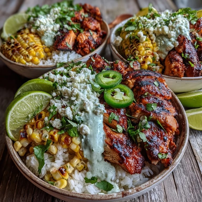 Street Corn Chicken and Rice Bowls plated with lime wedges, colorful charred corn, and a creamy drizzle, inspired by Mexican street food.