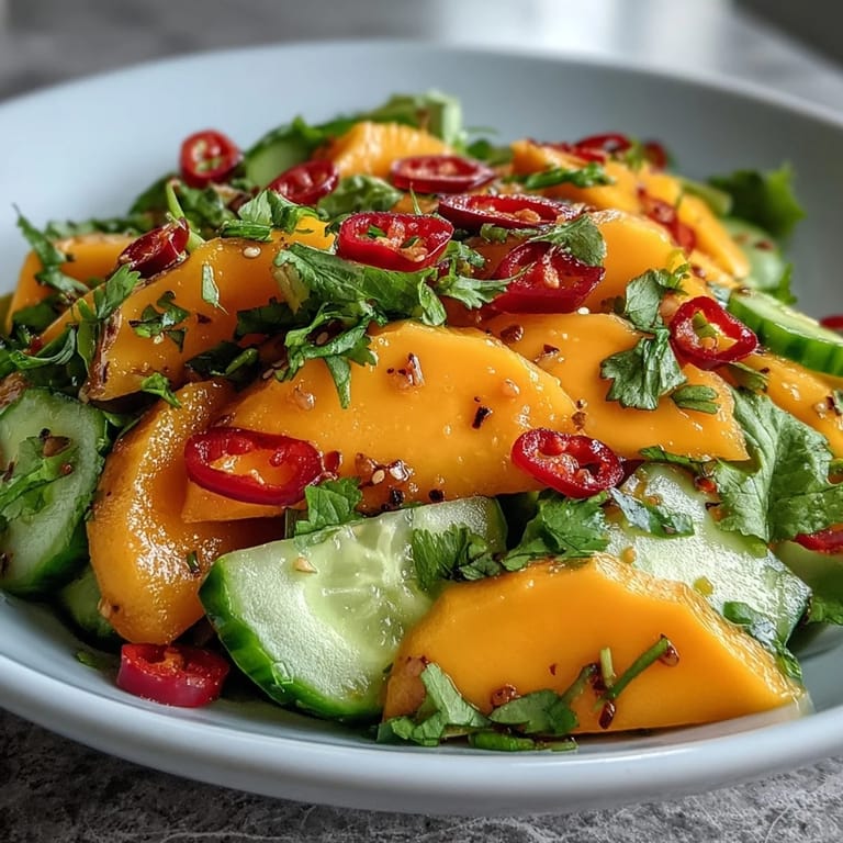 Colorful mango salad in a white bowl, with red bell pepper, red onion, cucumber, and fresh cilantro garnish.