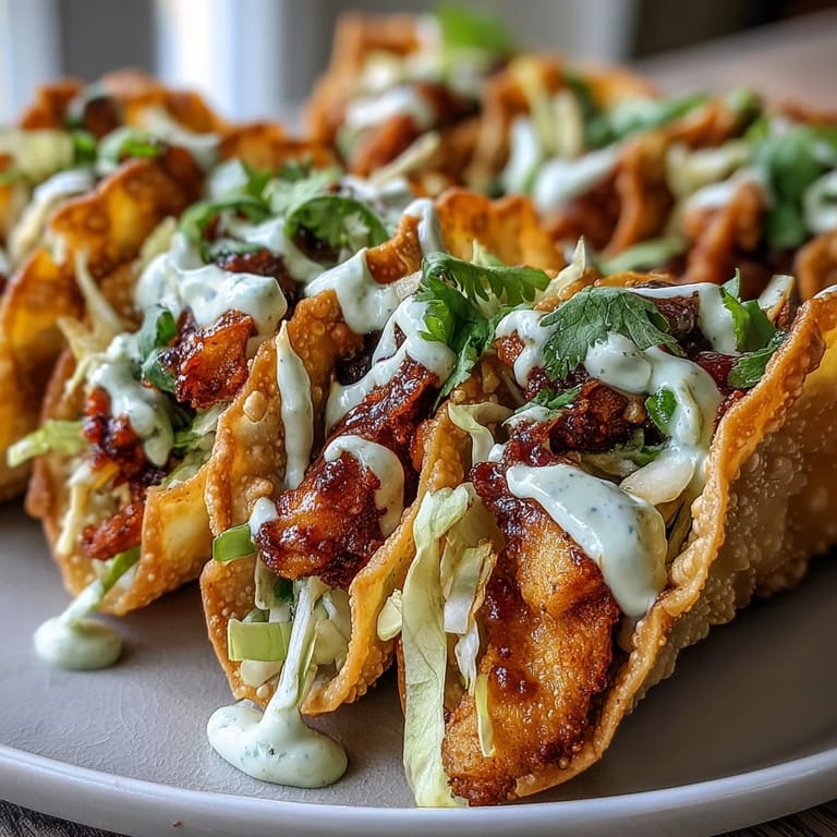 Close-up of Crispy Chicken Wonton Tacos showcasing smoky spices, shredded cabbage, carrots, and vibrant green onions on a serving board.