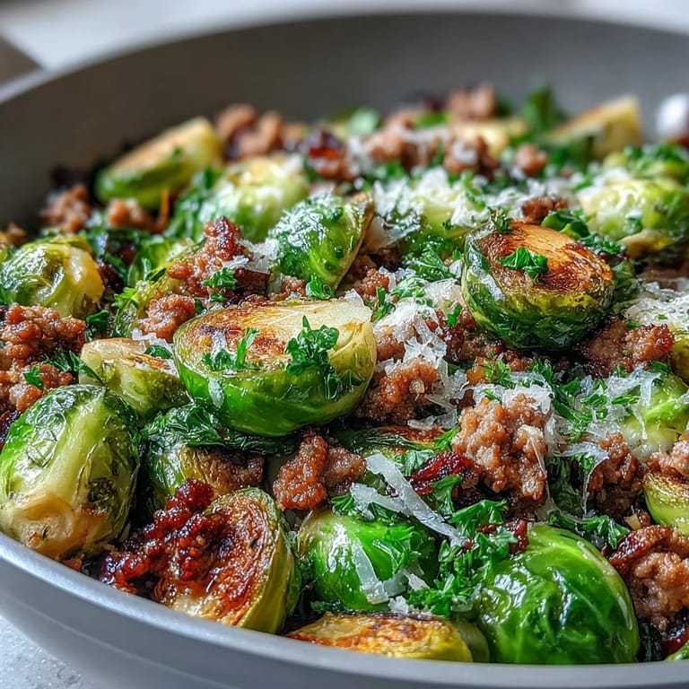 Ready to serve, this Brussels Sprouts & Ground Turkey Skillet is topped with grated Parmesan and chopped parsley for a wholesome family dinner.