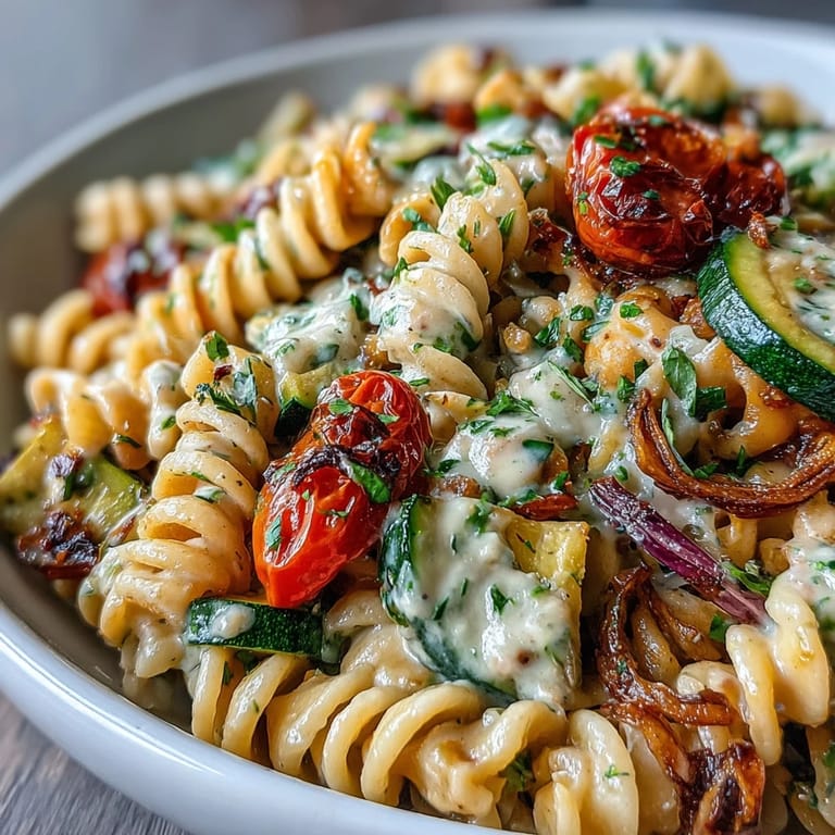 Close-up of a warm chickpea pasta bowl with cherry tomatoes and sesame seeds, ready for a healthy dinner.