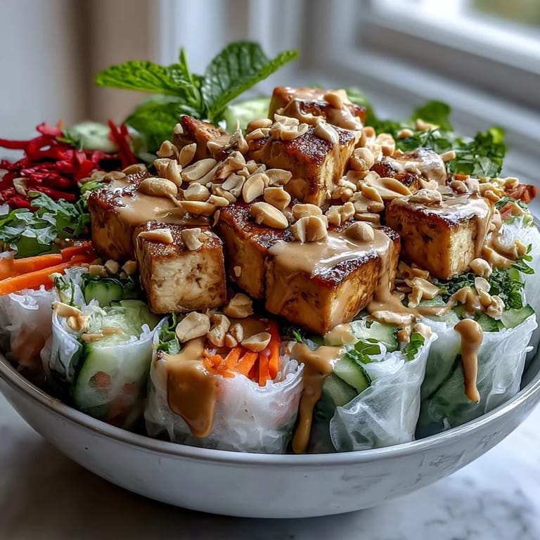 A beautifully plated Rice Paper Roll Bowl with bright herbs, crunchy peanuts, and a creamy peanut sauce drizzle for a fresh meal.