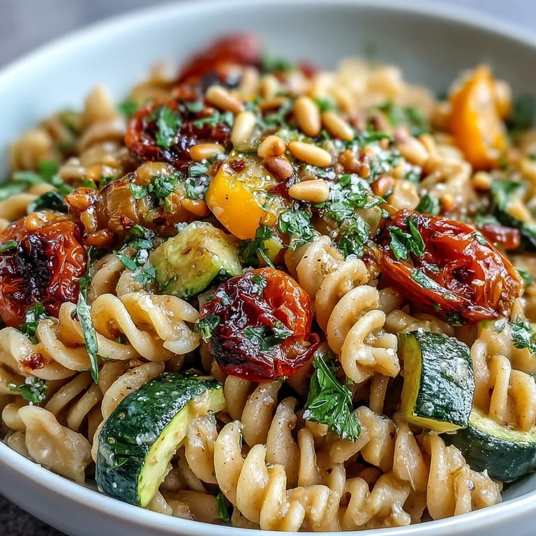 Overhead view of Whole Wheat Pasta Bowl, highlighting creamy cannellini sauce and golden roasted cherry tomatoes.