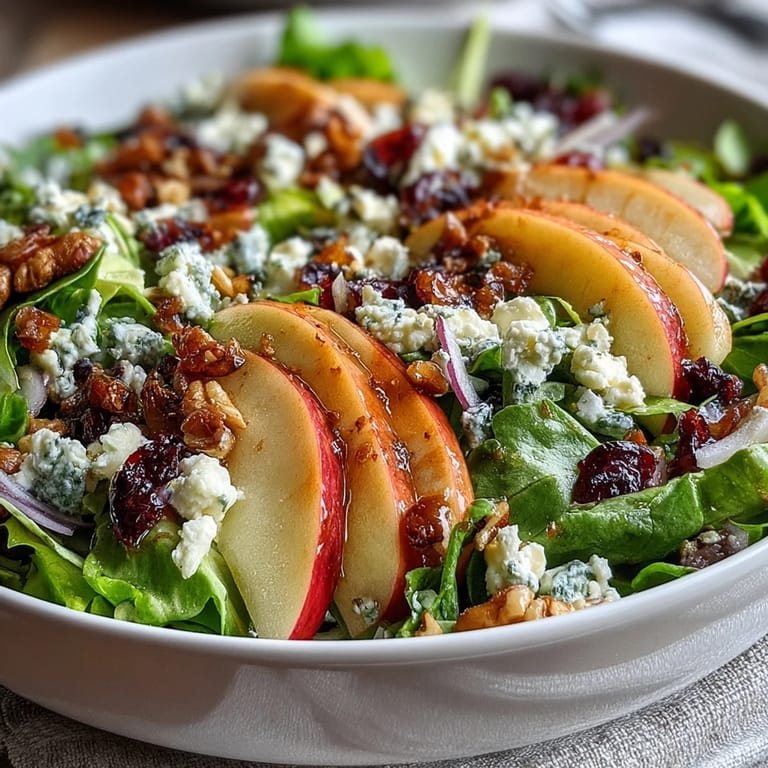A bowl of Mixed Greens and Apple Salad tossed with onions and walnuts for extra crunch.