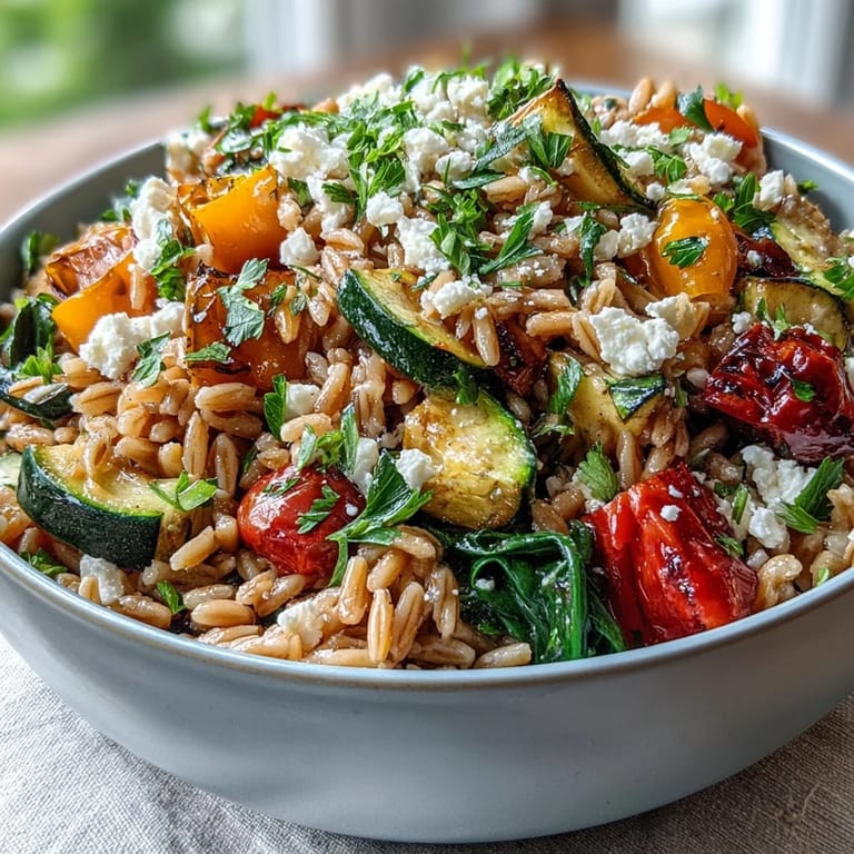 Colorful Mediterranean Farro Pasta Bowl topped with pine nuts and parsley, tossed in a zesty olive oil dressing.